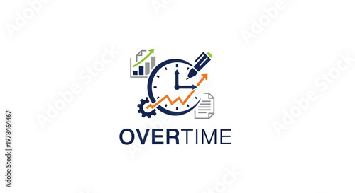 Overtime work concept with clock and documents.