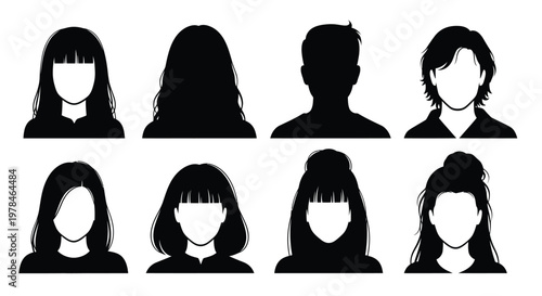 A collection of eight black silhouettes depicting diverse hairstyles and faceless human profiles