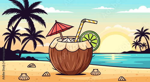 Coconut cocktail on a tropical beach.