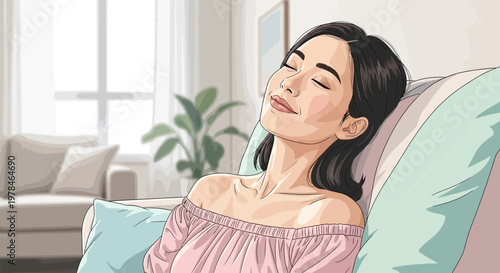 relaxed woman enjoying peaceful moment indoors.