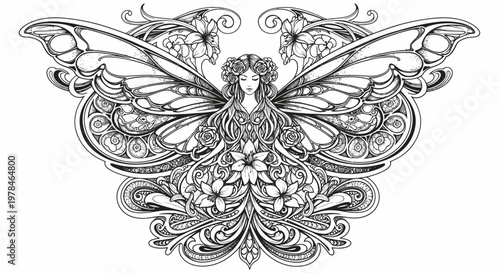 Intricate black and white illustration of a fairy with elaborate wings and floral adornments, in an art nouveau style.