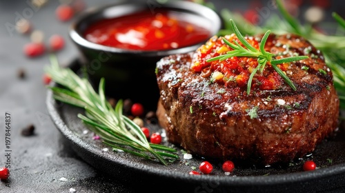 Savory Grilled Beef Steak with Sauce and Fresh Herbs on Black Plate