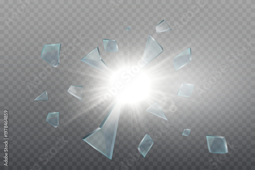 Explosion of glass shards with radiant light dispersing on transparent background