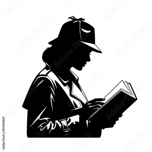 Silhouette of a Woman Reading a Book in Detective Outfit.