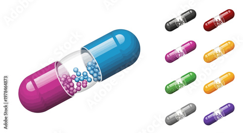 A detailed illustration of an open capsule revealing its contents, alongside a collection of various colored capsules.