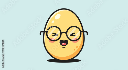 A cute cartoon egg character with round glasses and a happy expression on a light blue background, simple vector illustration.