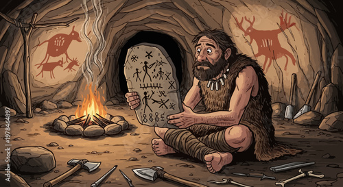 A prehistoric man sits in a cave, holding a stone tablet with drawings, surrounded by tools and a fire.