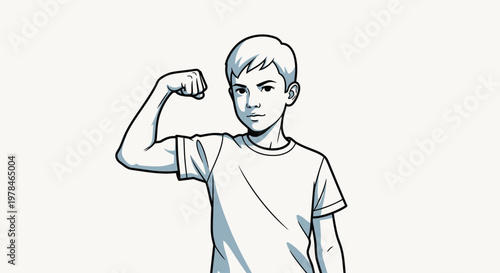 A young boy with short hair flexing his bicep, showing his strength and confidence in a simple white t-shirt.