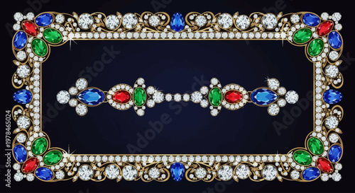 Ornate rectangular frame with intricate diamond and gemstone embellishments on a dark blue background.