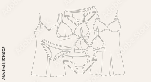 A collection of delicate lingerie pieces, including bras, briefs, and chemises, presented in a minimalist line drawing style.