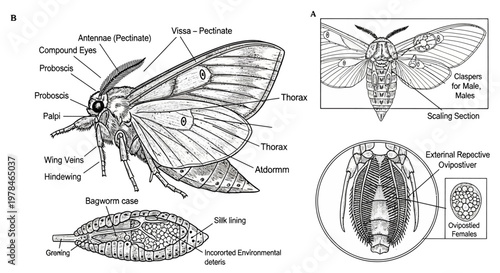 Detailed anatomical illustration of a moth, showcasing its external features and reproductive organs.