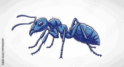A detailed illustration of a single blue ant with its body segments clearly defined and antennae extended.