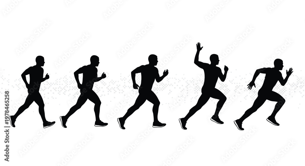 Fototapeta premium A sequence of silhouettes depicts a man progressing through stages of running from start to finish
