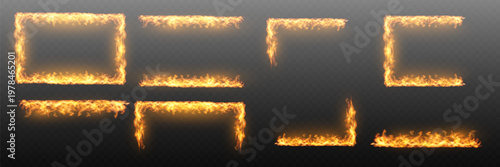 Set of various fiery borders demonstrating hot frames and glowing line effects