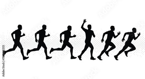 A series of six silhouetted figures are dynamically captured in mid stride showcasing a running motion