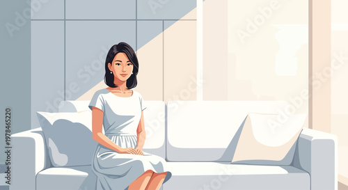 A young Asian woman in a white dress sits gracefully on a modern white sofa in a sunlit room.