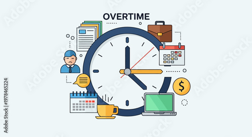 Illustration of a large clock face symbolizing overtime work, surrounded by business-related icons like documents, a briefcase, a calendar, a laptop, and a coffee cup.