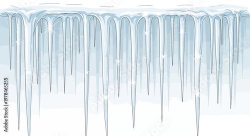 A detailed illustration of shimmering blue icicles hanging from a snow-covered ledge, depicting a cold winter scene with sparkling ice formations.