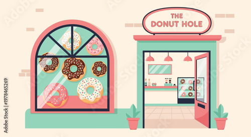 A charming cartoon illustration of "The Donut Hole" shop with a large window displaying various delicious donuts.