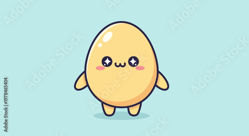 A cute kawaii cartoon egg character with sparkling eyes and a tiny smile on a light blue background.