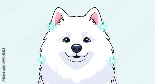 A cute cartoon white fluffy dog with blue eyes and a smiling face, featuring subtle blue sparkle accents.