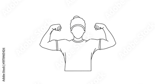 Line drawing of a person flexing biceps, showing strength and power, wearing a t-shirt and beanie.