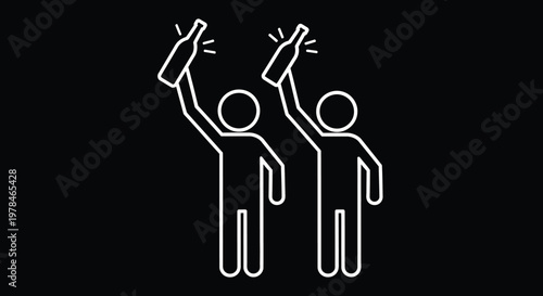 Two figures are depicted raising bottles in a celebratory toast shown as a minimalist white outline