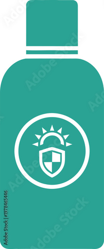 Teal bottle with a white circular emblem featuring a shield and sun icon, symbolizing sun protection and UV defense.