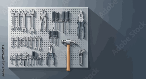 A well-organized pegboard displaying a variety of essential tools, including wrenches, pliers, screwdrivers, and a hammer, mounted on a textured wall casting a distinct shadow.