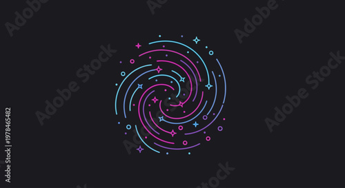Abstract swirling vortex of pink and blue lines with star-like elements on a dark background, representing cosmic energy or motion.