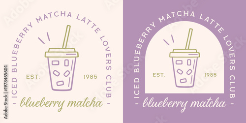 Blueberry matcha iced latte lovers club aesthetic logo purple green tea flavor label sticker girls shirt design. Cafe style cold foam drink plastic cup with ice cubes and straw outline drawing print.