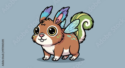 A whimsical, cartoon-style illustration of a fantastical creature resembling a squirrel with rabbit ears and delicate fairy wings.