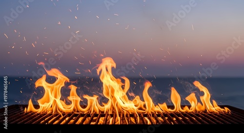 Open Flame Burning on Outdoor Barbecue Grill at Dusk