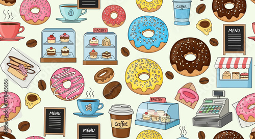A vibrant and colorful illustration featuring a delightful assortment of donuts, pastries, coffee cups, and a cash register, evoking a charming bakery or cafe atmosphere.