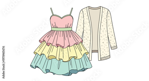 Colorful dress and white cardigan outfit.