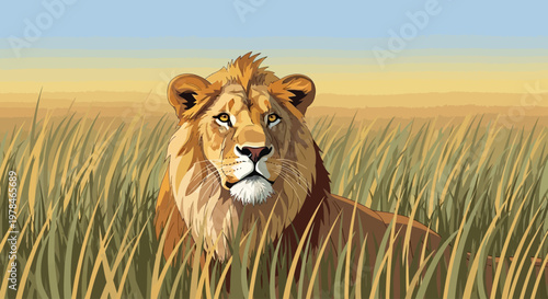 A majestic male lion with a golden mane surveys its savanna grassland habitat under a clear sky.