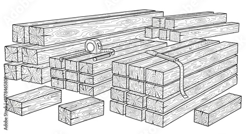 A detailed illustration of stacked lumber and a roll of tape, showcasing various sizes and arrangements of wooden beams.
