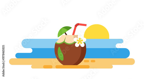 A refreshing coconut drink with a straw and flower sits on a sandy beach with gentle waves and a setting sun in the background.