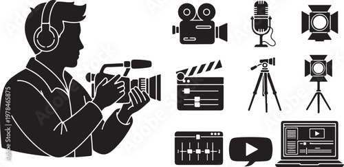 Film maker with video camera and production equipment icons