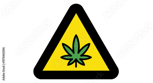 A yellow warning triangle with a black border and a green cannabis leaf in the center, symbolizing a warning related to marijuana or cannabis.