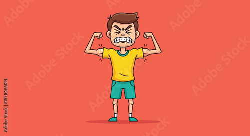 Cartoon illustration of a strong and determined young boy flexing his biceps with an angry expression on a red background.