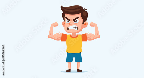 An angry young boy flexing his muscular arms, showing off his strength with a determined expression.