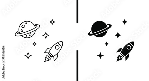 Planets rocket and stars in a symmetrical black and white design silhouette
