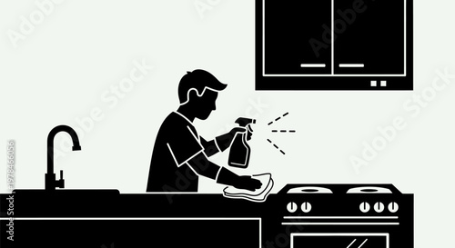 Man cleaning stove with spray bottle.