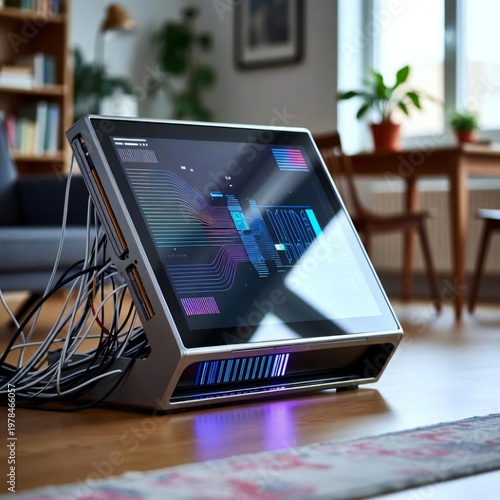 Hight technology Use at home and offices, mobile, laptop and screen in a futuristic way 