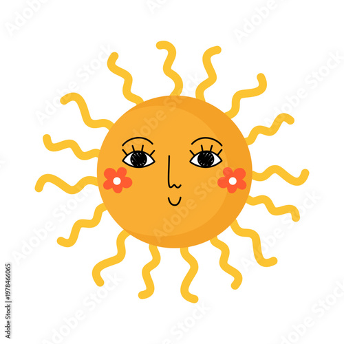 Cute sun character with smiling face isolated on white background. Perfect for stickers, cards and summer design. Flat vector illustration.