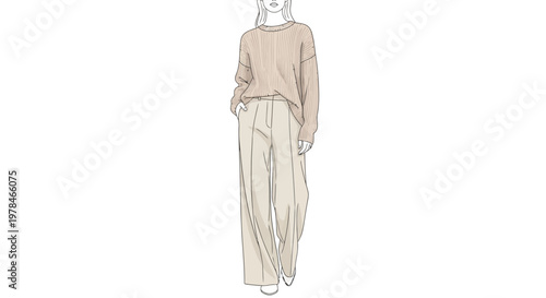 Woman Wearing Long Flowing Beige Pants.