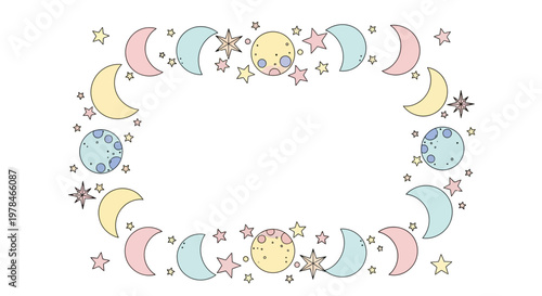 Colorful Moon Phases and Stars Illustration.