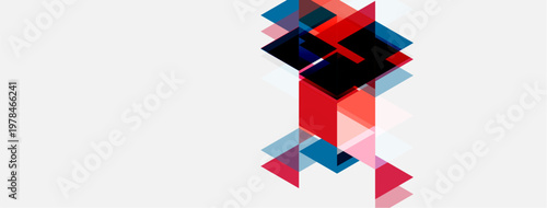 Abstract geometric shapes overlap, creating dynamic composition. Red, blue, pink hues dominate white background. Modern design.