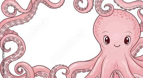 Pink cartoon octopus with smiling face.